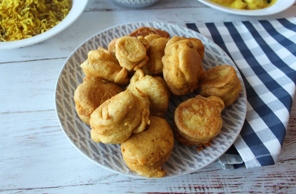 Pakoras on plate ready for Pakora Kadhi